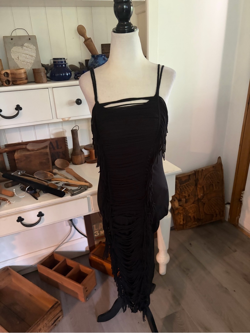 Marc Cain Black Fringe Detail Spaghetti Strap Dress